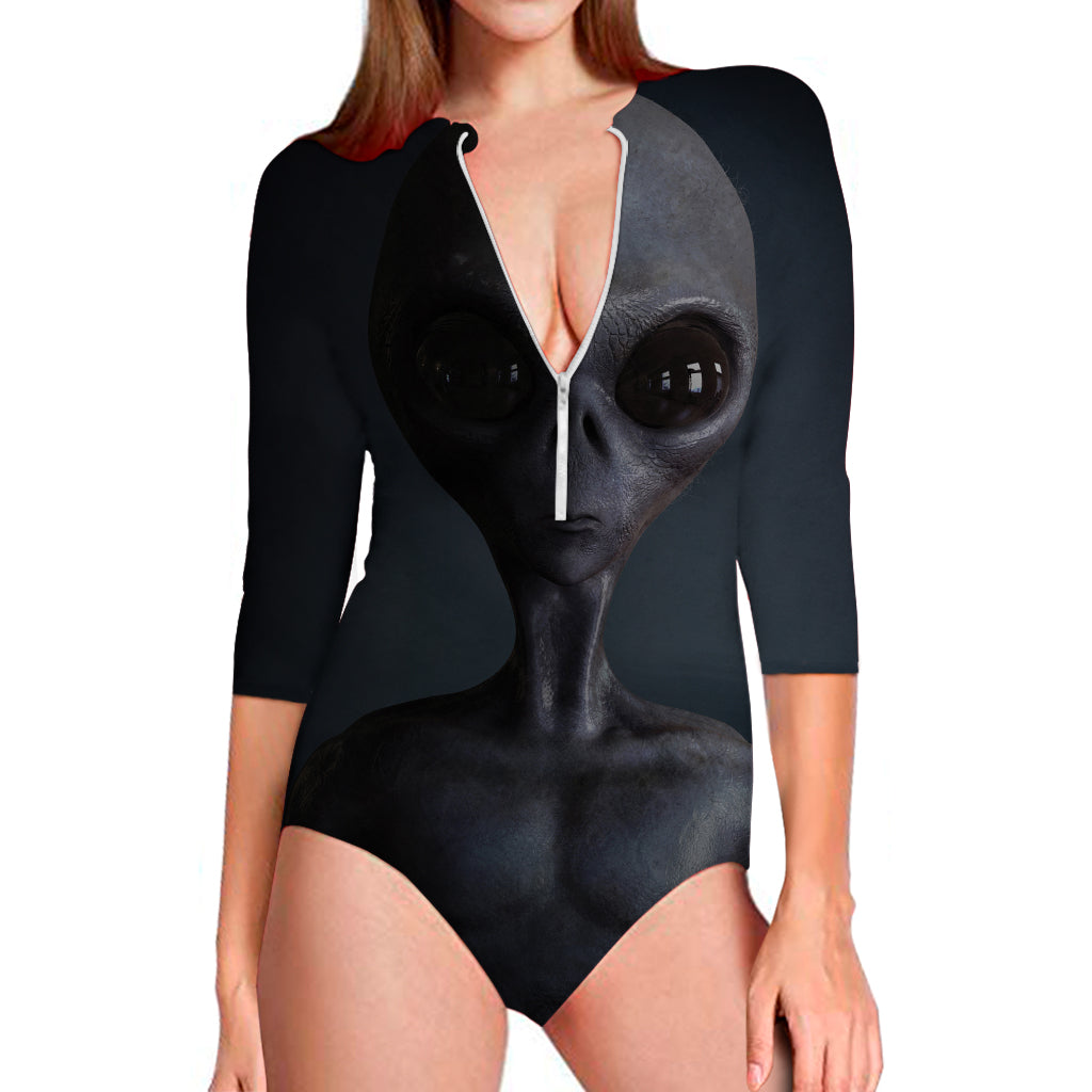 Scary Grey Alien 3D Print Long Sleeve Swimsuit