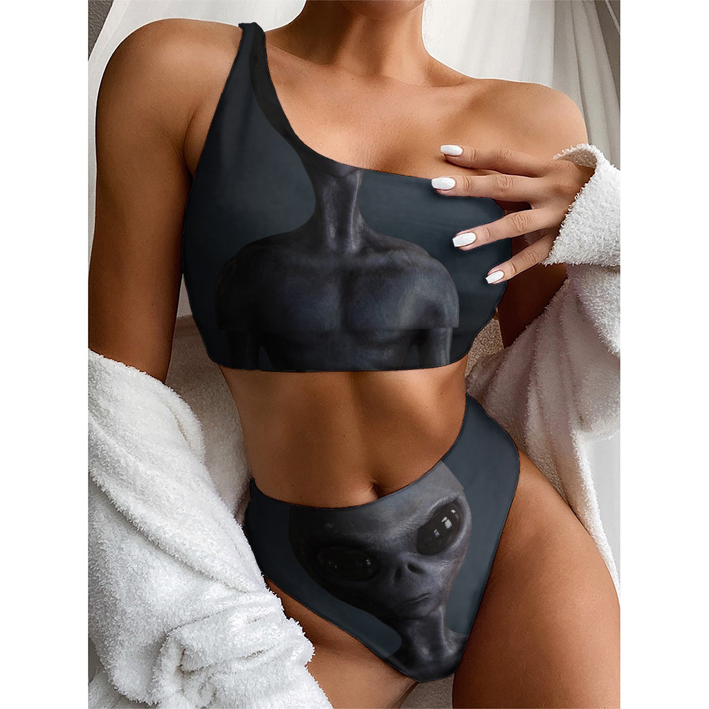 Scary Grey Alien 3D Print One Shoulder Bikini Top