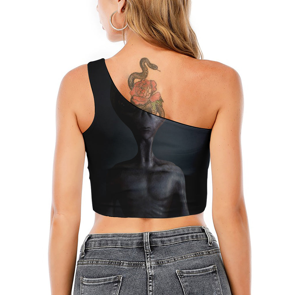 Scary Grey Alien 3D Print One Shoulder Crop Top