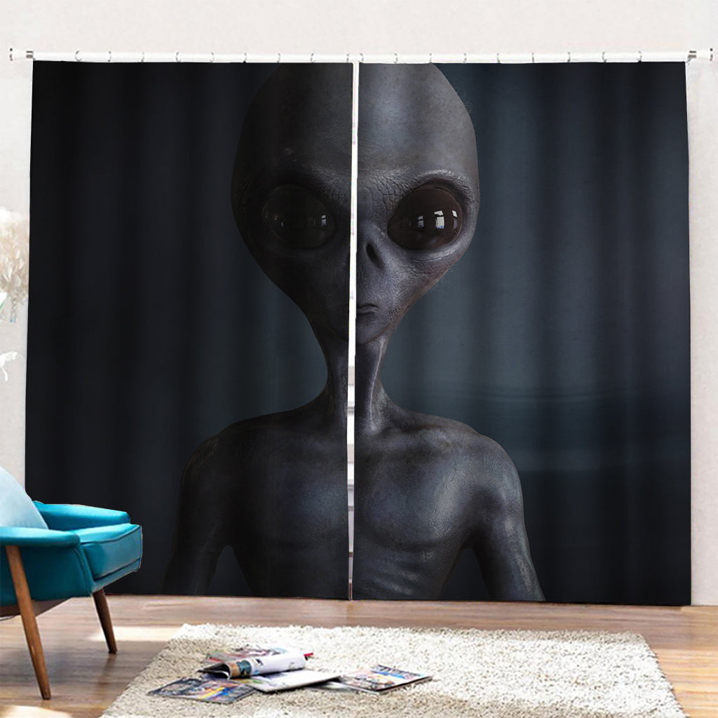 Scary Grey Alien 3D Print Pencil Pleat Curtains