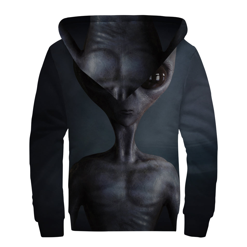 Scary Grey Alien 3D Print Sherpa Lined Zip Up Hoodie