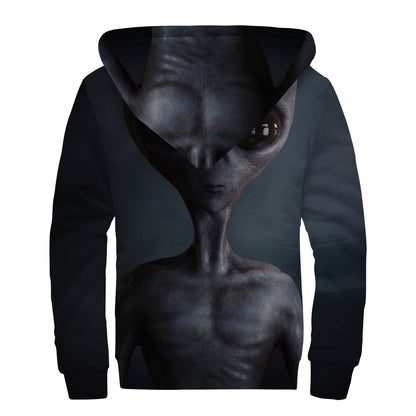 Scary Grey Alien 3D Print Sherpa Lined Zip Up Hoodie