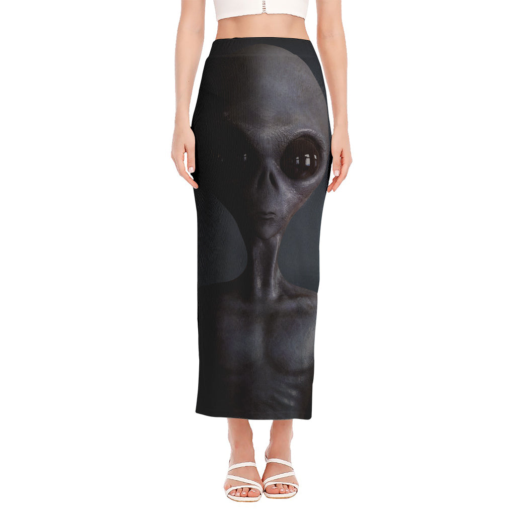 Scary Grey Alien 3D Print Side Slit Maxi Skirt