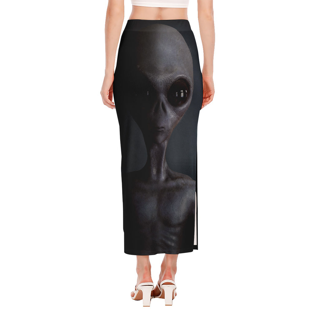 Scary Grey Alien 3D Print Side Slit Maxi Skirt