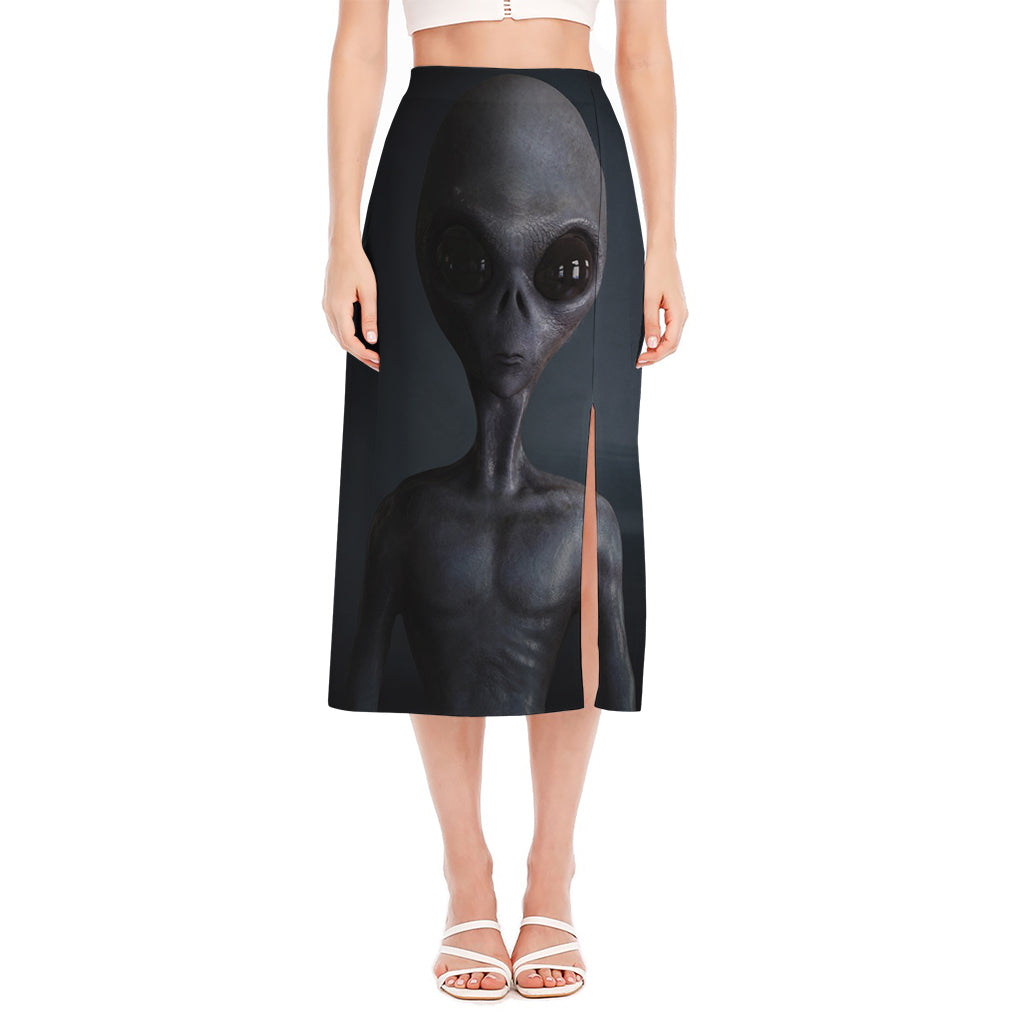 Scary Grey Alien 3D Print Side Slit Midi Skirt