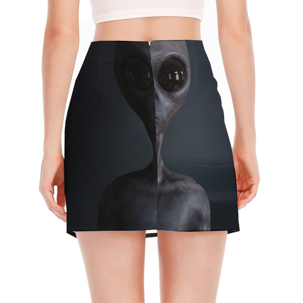 Scary Grey Alien 3D Print Side Slit Mini Skirt