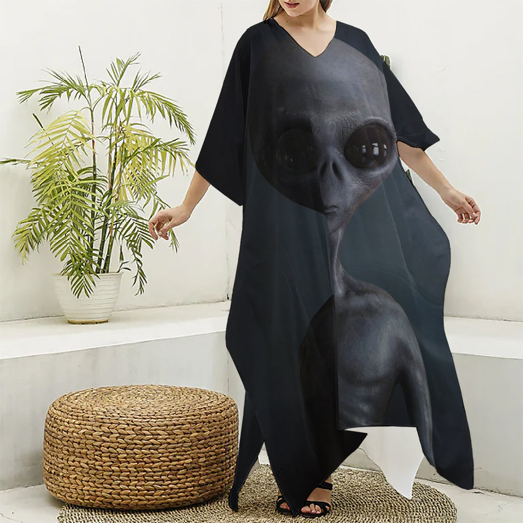 Scary Grey Alien 3D Print Silk V-Neck Kaftan Dress