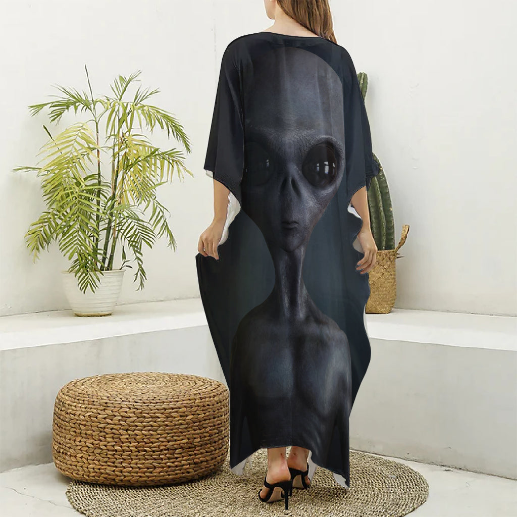 Scary Grey Alien 3D Print Silk V-Neck Kaftan Dress