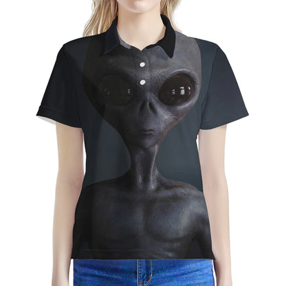 Scary Grey Alien 3D Print Women's Polo Shirt