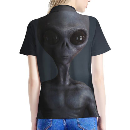 Scary Grey Alien 3D Print Women's Polo Shirt