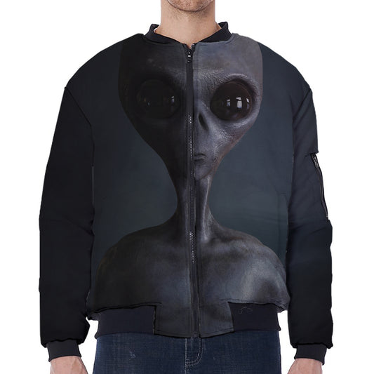 Scary Grey Alien 3D Print Zip Sleeve Bomber Jacket