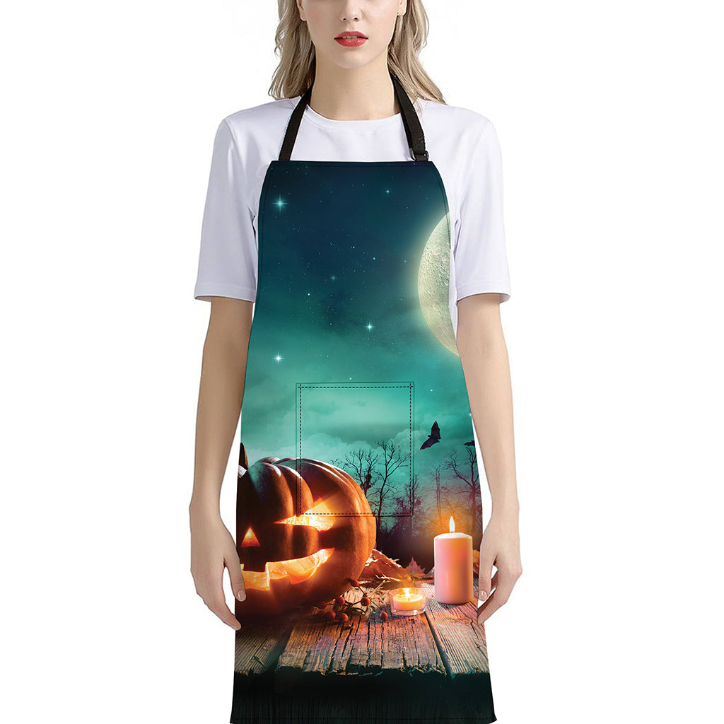 Scary Halloween Pumpkin Print Bib Apron With Pocket