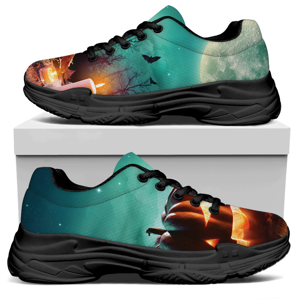 Scary Halloween Pumpkin Print Black Chunky Shoes