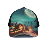 Scary Halloween Pumpkin Print Black Mesh Trucker Cap