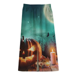 Scary Halloween Pumpkin Print Cotton Front Slit Maxi Skirt