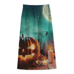 Scary Halloween Pumpkin Print Cotton Front Slit Maxi Skirt