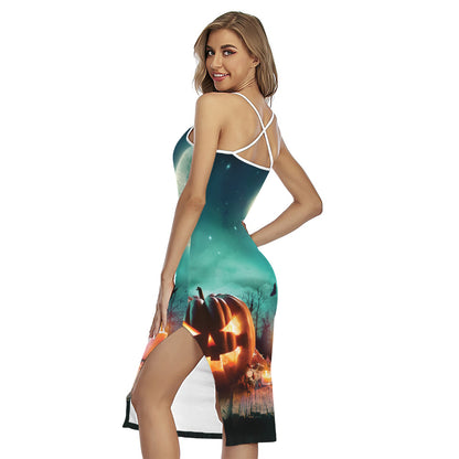 Scary Halloween Pumpkin Print Cross Back Cami Dress