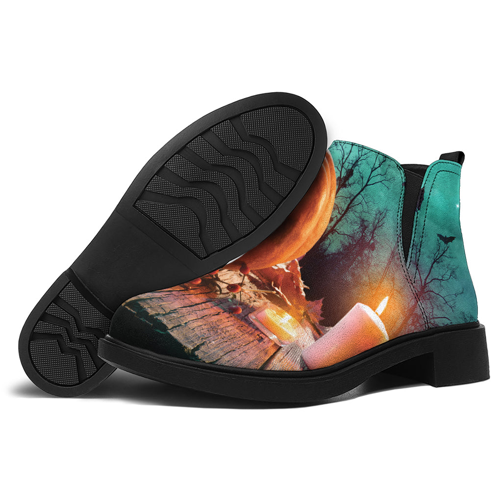 Scary Halloween Pumpkin Print Flat Ankle Boots