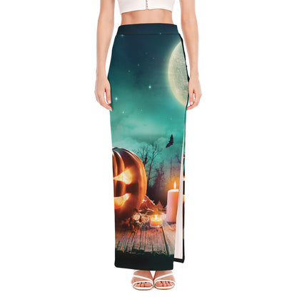 Scary Halloween Pumpkin Print High Slit Maxi Skirt