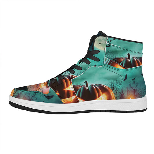 Scary Halloween Pumpkin Print High Top Leather Sneakers