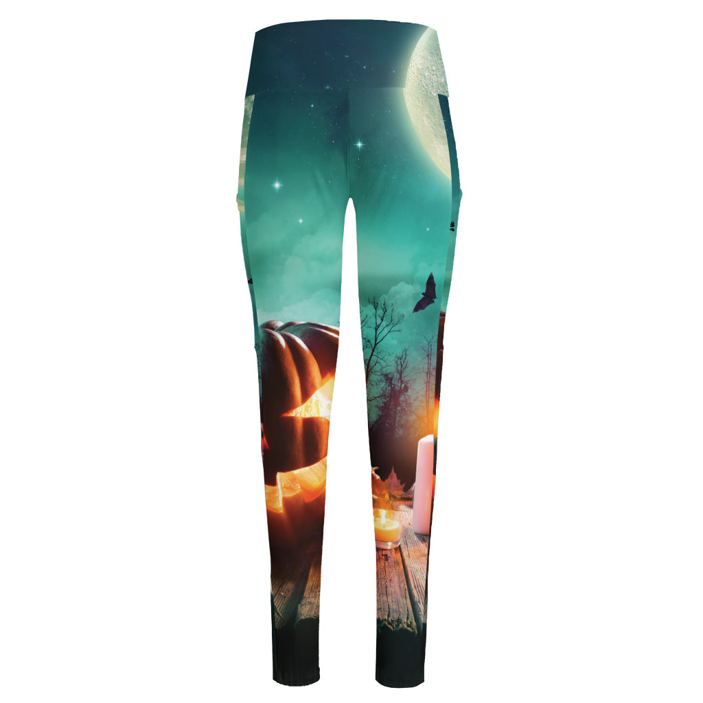 Scary Halloween Pumpkin Print High-Waisted Pocket Leggings
