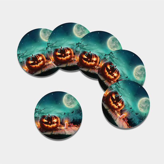 Scary Halloween Pumpkin Print Leather Coaster Set