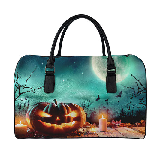Scary Halloween Pumpkin Print Leather Duffle Bag