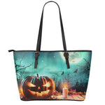 Scary Halloween Pumpkin Print Leather Tote Bag