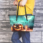 Scary Halloween Pumpkin Print Leather Tote Bag