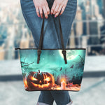 Scary Halloween Pumpkin Print Leather Tote Bag