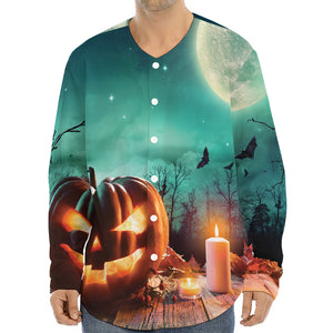 Scary Halloween Pumpkin Print Long Sleeve Baseball Jersey