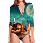 Scary Halloween Pumpkin Print Long Sleeve Swimsuit