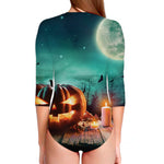Scary Halloween Pumpkin Print Long Sleeve Swimsuit
