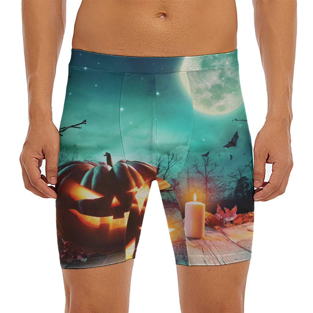 Scary Halloween Pumpkin Print Men's Long Boxer Briefs