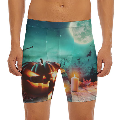 Scary Halloween Pumpkin Print Men's Long Boxer Briefs