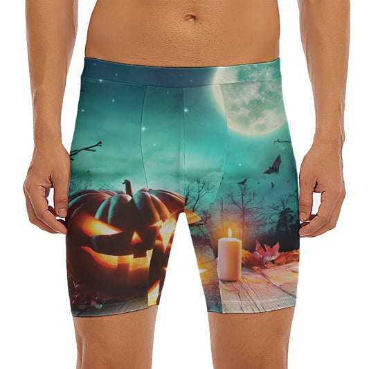 Scary Halloween Pumpkin Print Men's Long Boxer Briefs