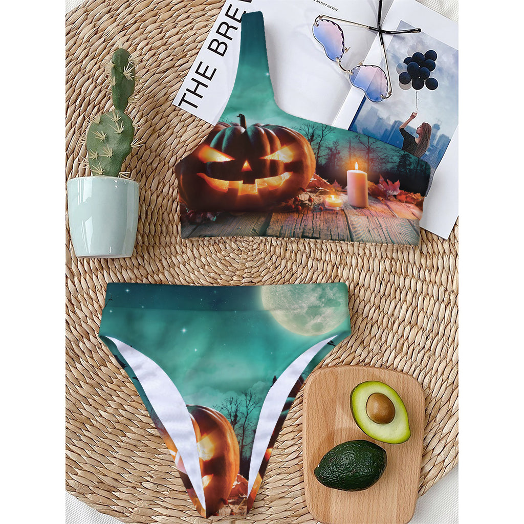 Scary Halloween Pumpkin Print One Shoulder Bikini Top