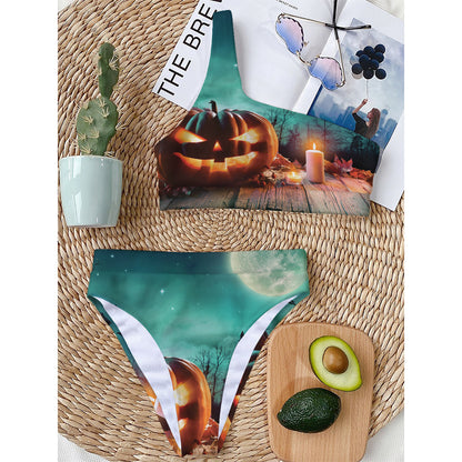 Scary Halloween Pumpkin Print One Shoulder Bikini Top