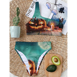 Scary Halloween Pumpkin Print One Shoulder Bikini Top