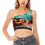 Scary Halloween Pumpkin Print One Shoulder Crop Top
