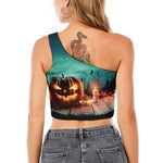 Scary Halloween Pumpkin Print One Shoulder Crop Top