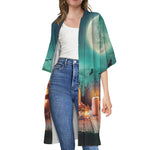 Scary Halloween Pumpkin Print Open Front Beach Cover Up