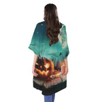 Scary Halloween Pumpkin Print Open Front Beach Cover Up