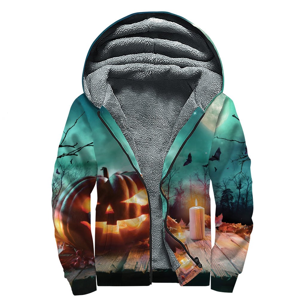 Scary Halloween Pumpkin Print Sherpa Lined Zip Up Hoodie