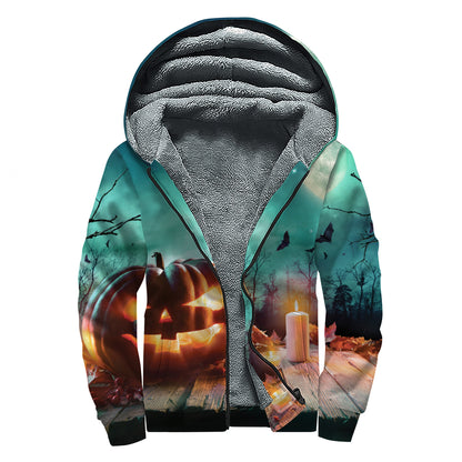 Scary Halloween Pumpkin Print Sherpa Lined Zip Up Hoodie