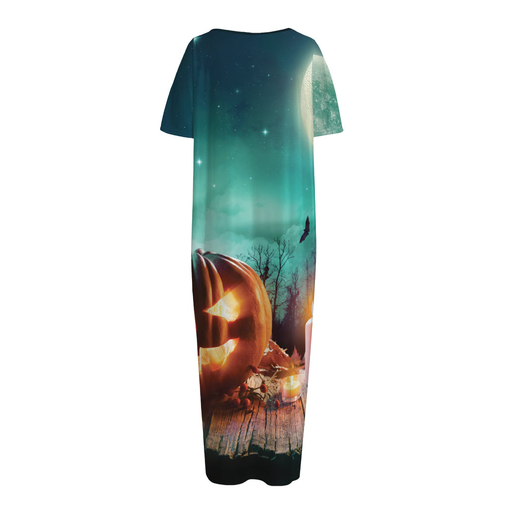 Scary Halloween Pumpkin Print Short Sleeve Long Nightdress