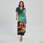 Scary Halloween Pumpkin Print Short Sleeve Maxi Dress