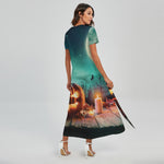 Scary Halloween Pumpkin Print Short Sleeve Maxi Dress