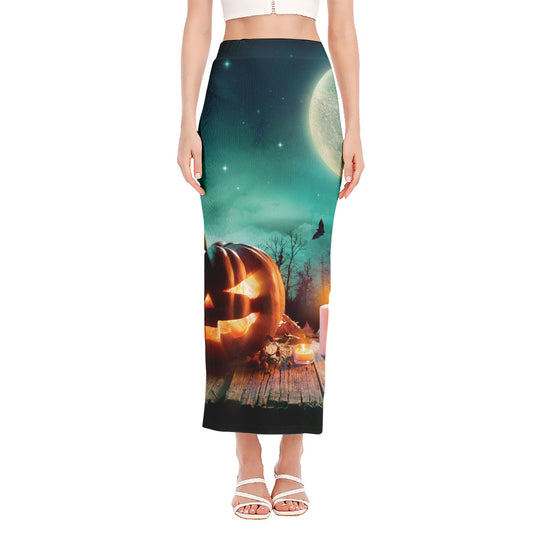 Scary Halloween Pumpkin Print Side Slit Maxi Skirt