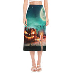 Scary Halloween Pumpkin Print Side Slit Midi Skirt